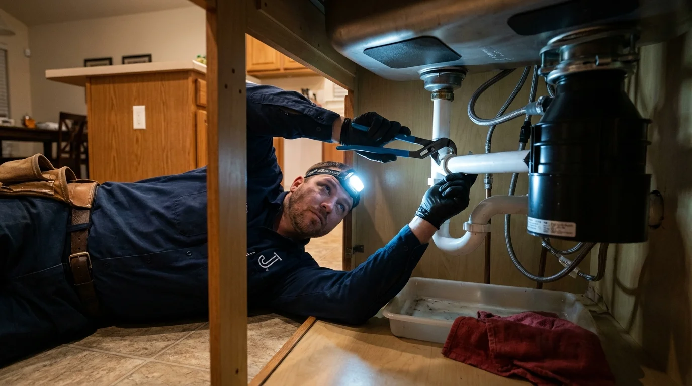 P-trap and supply line connections under a kitchen sink showing a common leak point in Payson, AZ